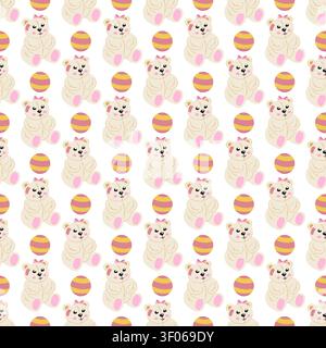 Motivo senza cuciture con simpatici orsacchiotti, adorabili peluche con fiocchi rosa e palle. Illustrazione vettoriale piatta per carta da parati per vivaio, tessuti per bambini, regalo Illustrazione Vettoriale