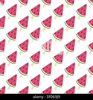 Motivo senza cuciture con fette di gelato all'anguria sui bastoncini. Illustrazione vettoriale piatta e minimalista, tonalità rosa e verde vivaci. Perfetto per la somma Illustrazione Vettoriale