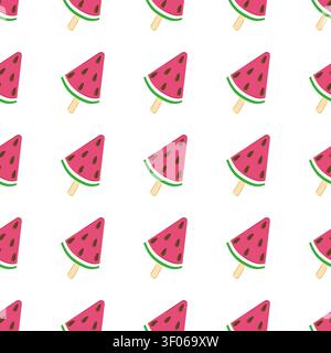 Motivo senza cuciture con fette di gelato all'anguria sui bastoncini. Illustrazione vettoriale piatta e minimalista, tonalità rosa e verde vivaci. Perfetto per la somma Illustrazione Vettoriale