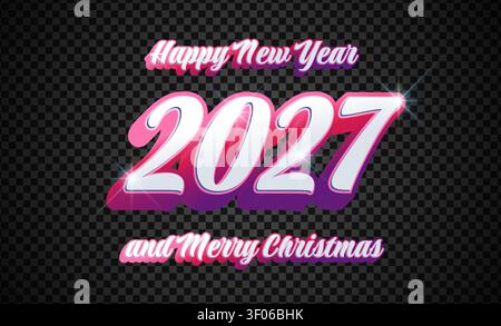 Modello di logo Happy New Year 2027 con eleganti numeri 3D con sfumatura rosa e viola, perfetto per biglietti di auguri di Natale e poster premium per le festività. Illustrazione Vettoriale