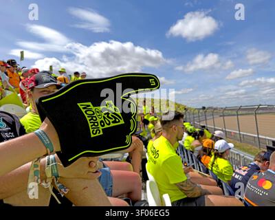 Anticipo La mano di schiuma di Lando Norris è sollevata nell'Landostand soleggiato prima del GP britannico di Silverstone, 05 lug 2026 Foto Stock