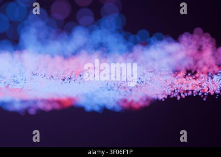 Sfondo astratto futuristico con un'onda fluente di particelle blu e viola luminose con una profondità di campo poco profonda e cerchi di bokeh morbidi su un Foto Stock
