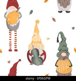 Motivo senza cuciture con simpatici gnomi scandinavi con zucche. Sfondo vettoriale stock del Ringraziamento. Illustrazione Vettoriale