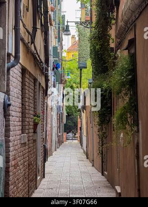 Vicolo stretto a Venezia con muri di mattoni e lampioni Foto Stock