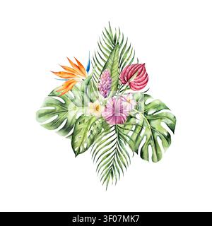 Bouquet tropicale. Albero di palma, monstera e Strelitzia, frangipani, fiori di ibisco. Acquerello disegnato a mano Heliconia, plumeria illustrazione isolata su Foto Stock