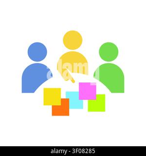 Illustrazione astratta e piatta di un team di professionisti che collabora a un progetto con note cartacee colorate, che simboleggiano le sessioni di brainstorming creativo. Illustrazione Vettoriale
