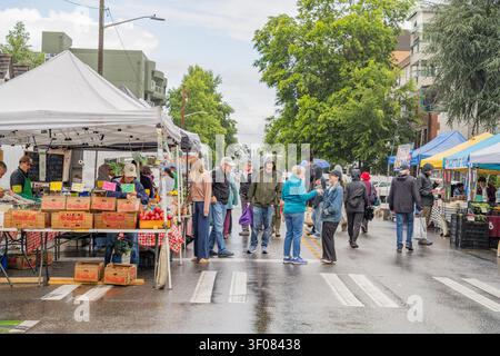 Stato di Washington, Stati Uniti, 27 GIUGNO 2026 – Le persone esaminano gli stand di prodotti sotto tende bianche su una strada bagnata a Seattle, Washington, durante una Foto Stock