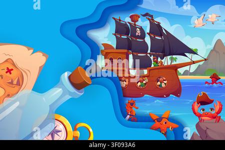 Striscione di pirati con bottiglia, nave a vela e simpatici corsari sul ponte. I personaggi della troupe dei pirati dei cartoni animati navigano in striscione blu con bordo ondulato tagliato in carta 3d, mappa del tesoro, carino granchio e bussola Illustrazione Vettoriale