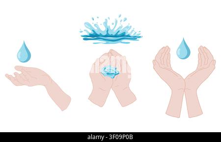 Aprire le palme e le gocce d'acqua. Palme aperte che danno acqua. Illustrazione vettoriale. Attingendo al tema della salute, dell'igiene e delle risorse naturali del piano Illustrazione Vettoriale