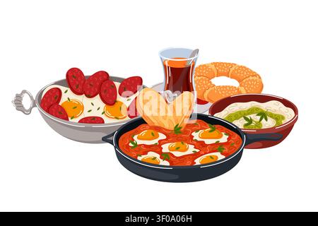 Colazione turca tradizionale con menemen, uova fritte, simit, sucuk e tè. Illustrazione in stile cartoni animati per il design del menu. Illustrazione Vettoriale