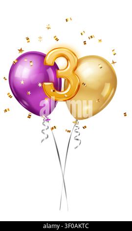 Un'illustrazione vibrante con tre palloncini festivi a forma di numero 3, decorati con coriandoli dorati. Illustrazione Vettoriale