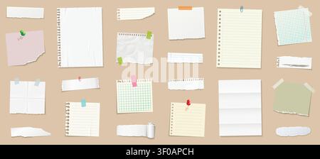 Appunti adesivi e fogli di carta per promemoria e note. Set di carte per note vettoriali realistiche con pin e nastro adesivo di diversi colori. Illustrazione Vettoriale
