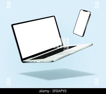 Caduta di laptop e smartphone isolati su sfondo blu. Illustrazione vettoriale. Illustrazione Vettoriale