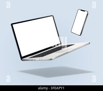 Caduta di laptop e smartphone isolati su sfondo blu. Illustrazione vettoriale. Illustrazione Vettoriale