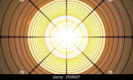 Un disegno circolare luminoso presenta linee che si irradiano da una fonte luminosa centrale. Il motivo è composto da cerchi concentrici riempiti con colori caldi che Foto Stock