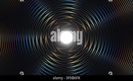 Questa immagine presenta uno schema a spirale con cerchi concentrici che si irradiano da un centro luminoso su uno sfondo scuro. Il design crea un effetto sorprendente Foto Stock