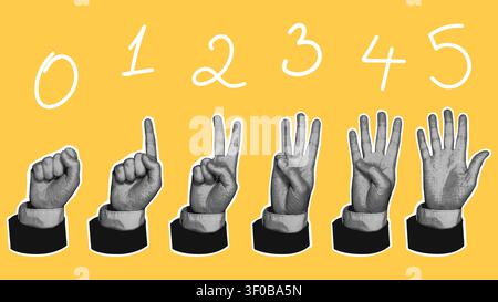 Set di cinque mani da uomo d'affari mezzitoni che contano da zero a cinque dita su sfondo giallo. Illustrazione vettoriale con maniche per numero e c Illustrazione Vettoriale