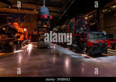 Locomotive a vapore belgiche a Train World a Bruxelles Foto Stock