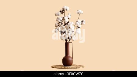 Steli di cotone in vaso marrone su tappetino in tessuto Foto Stock