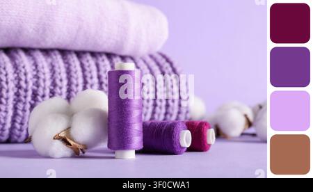 Filato a maglia viola e cotone con pullover piegati Foto Stock