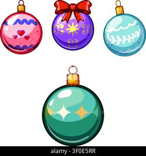 Ornamenti illustrati per le vacanze con vari disegni e motivi colorati, tra cui cuori, una stella, foglie e scintille, simboleggiando la celebrazione Illustrazione Vettoriale