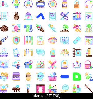 Grande set di icone vettoriali colorate che copre attività, finanza, viaggi, cibo, sport, tecnologia, salute, casa e vita quotidiana pittogrammi versatili per il web, Illustrazione Vettoriale