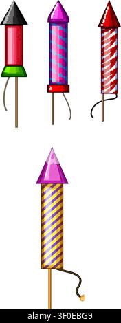 Razzi fuochi d'artificio assortiti con colori e motivi vivaci, in piedi, pronti per il lancio e per creare spettacolari spettacoli di luci anche durante le feste Illustrazione Vettoriale