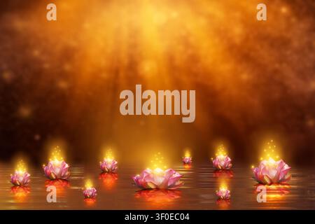 Fiori di loto rosa luminosi che galleggiano sull'acqua con raggi di luce divina dorati e scintille magiche su uno sfondo arancione scuro, concetto spirituale buddista Foto Stock