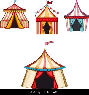 Tende da circo con motivi a righe, bandiere e ingressi aperti per una vasta gamma di grandi strutture che offrono vari intrattenimenti e feste Illustrazione Vettoriale
