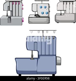 Macchine da cucire Overlock in vari stili e angolazioni per creare una collezione dettagliata per la produzione tessile moderna, la produzione di capi e Illustrazione Vettoriale