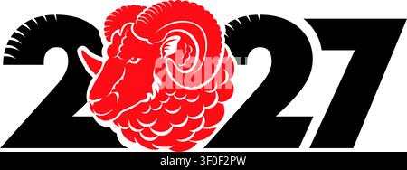 Buon anno nuovo 2027. Anno del ram rosso fuoco, disegno silhouette testa di ariete e numeri 2027 per poster, brochure, banner, biglietto d'invito. Vettore su trasparente Illustrazione Vettoriale