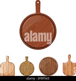 Set vario di tavole da servizio in legno di diverse forme e dimensioni, tra cui bucce rotonde per pizza e taglieri rustici, ideali per cucine e cucine Illustrazione Vettoriale