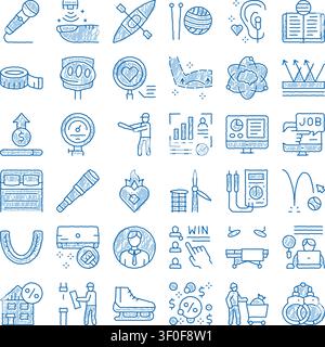 Icone disegnate a mano in stile doodle blu che formano una grande collezione, che rappresenta una varietà di simboli, oggetti, concetti e attività vari in una Illustrazione Vettoriale