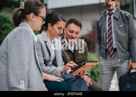 Colleghi di lavoro riuniti all'aperto per rivedere un tablet durante un incontro informale Foto Stock