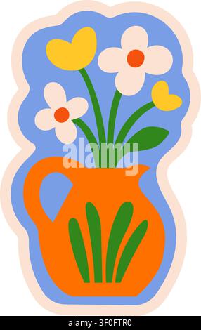 Vaso blu con fiori bianchi in cornice decorativa. Composizione floreale luminosa. Illustrazione vettoriale stock in stile cartoon piatto. Illustrazione Vettoriale