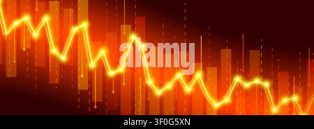 Grafico del mercato finanziario azionario, grafico a candele al ribasso su sfondo nero. Illustrazione realistica vettoriale dello schema di visualizzazione dei dati di trading Forex, design di perdita economica, banner di analisi degli investimenti Illustrazione Vettoriale