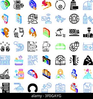 Set di icone glifi, linee e isometriche assortite che illustrano un'ampia gamma di settori, attività, oggetti e concetti astratti con un desi pulito Illustrazione Vettoriale