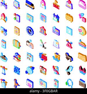 Collezione diversificata di icone isometriche colorate che illustrano un'ampia gamma di servizi, tecnologie, salute, tempo libero e industria, ideale per web, applic Illustrazione Vettoriale