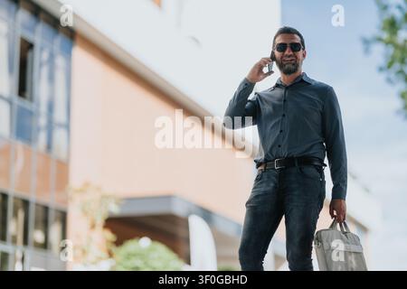 Uomo d'affari con occhiali da sole che parla al telefono all'aperto portando una valigetta vicino a un edificio moderno di uffici Foto Stock