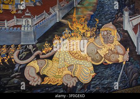 Bangkok, Thailandia. 14 dicembre 2013, Hanuman che trasporta Rama attraverso l'oceano Grand Palace Foto Stock