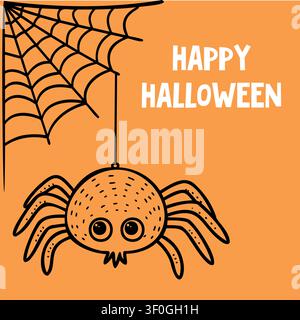 Biglietto di Halloween felice con illustratione carina di ragnatela e ragno Illustrazione Vettoriale