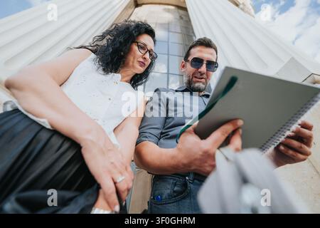 Professionisti senior che esaminano documenti all'esterno di un edificio aziendale Foto Stock