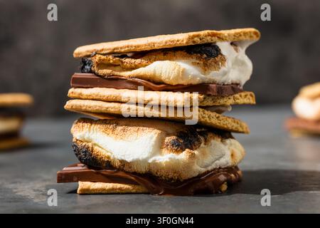 Dessert Smores americano dolce fatto in casa con cioccolato e marshmallow con biscotti Graham Foto Stock