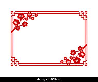 Tradizionale cornice giapponese rossa con angoli in fiore di prugna e nodi decorativi. Modello di sfondo con cornice fotografica vuota bordo decorativo asiatico con motivi orientali per il biglietto di auguri di Capodanno stagionale Illustrazione Vettoriale