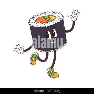 Personaggio cartonato di rotolo di sushi groovy o maki giapponese con riso e salmone. Maki groovy divertente con sorriso funky su faccia felice che balla in buone vibrazioni per il personaggio dei fumetti del cibo sushi giapponese Illustrazione Vettoriale