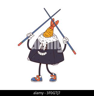 Personaggio cartone animato groovy giapponese a forma di rotolo di sushi onigiri carino con ripieno di gamberetti tempura che tiene le bacchette incrociate. Personaggio asiatico di frutti di mare sorridente e con scarpe da ginnastica retro hippie che esprime gioia Y2K Illustrazione Vettoriale