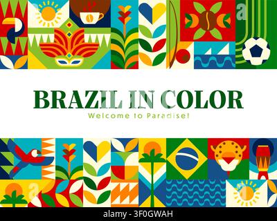 Banner per vacanze in Brasile con motivo a mosaico geometrico che raffigura un tucano, una maschera di carnevale e una bandiera. Banner vivace in verde, giallo, rosso e blu per agenzie di viaggio, campagne turistiche o poster di eventi Illustrazione Vettoriale