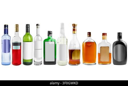 Collezione di bottiglie di alcol forte isolate su sfondo bianco Foto Stock