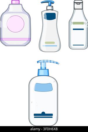 Diversi tipi di contenitori per prodotti igienici e per la cura della pelle per l'uso quotidiano, tra cui bottiglie per tiralatte e tappi ribaltabili, che illustrano i concetti di salute Illustrazione Vettoriale
