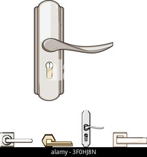 Diversi stili di maniglie e leve delle portiere offrono una scelta di design moderni e tradizionali per l'accesso a casa e in ufficio, sottolineando la sicurezza Illustrazione Vettoriale